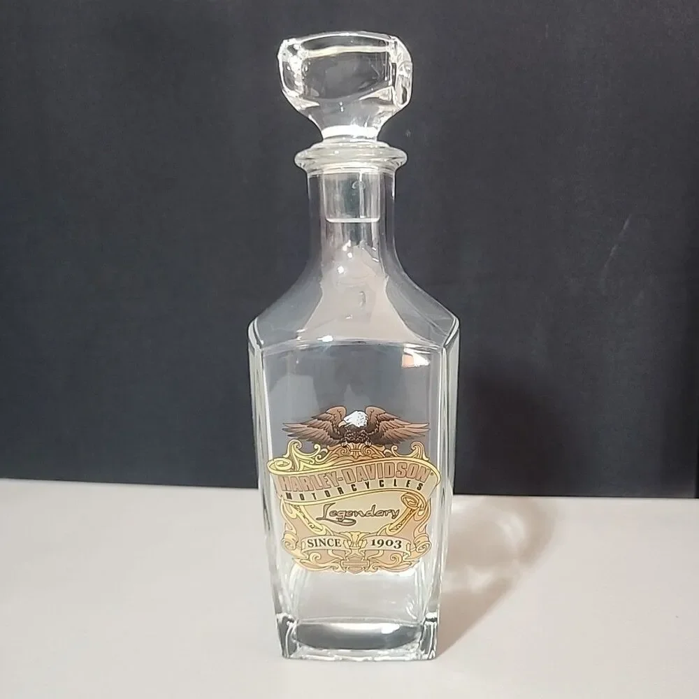 Harley Davidson Whiskey Decanter Gold Eagle Banner Old Bar & Shield France EMPTY